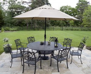 Rod iron patio furniture on a beautiful flagstone patio.